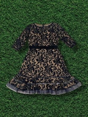 illusion yoke lace sheath dress tadashi shoji TADASHI SHOJI Green Black Sheer Illusion Yoke Embroidered Lace Dress 16 = XL EUC
